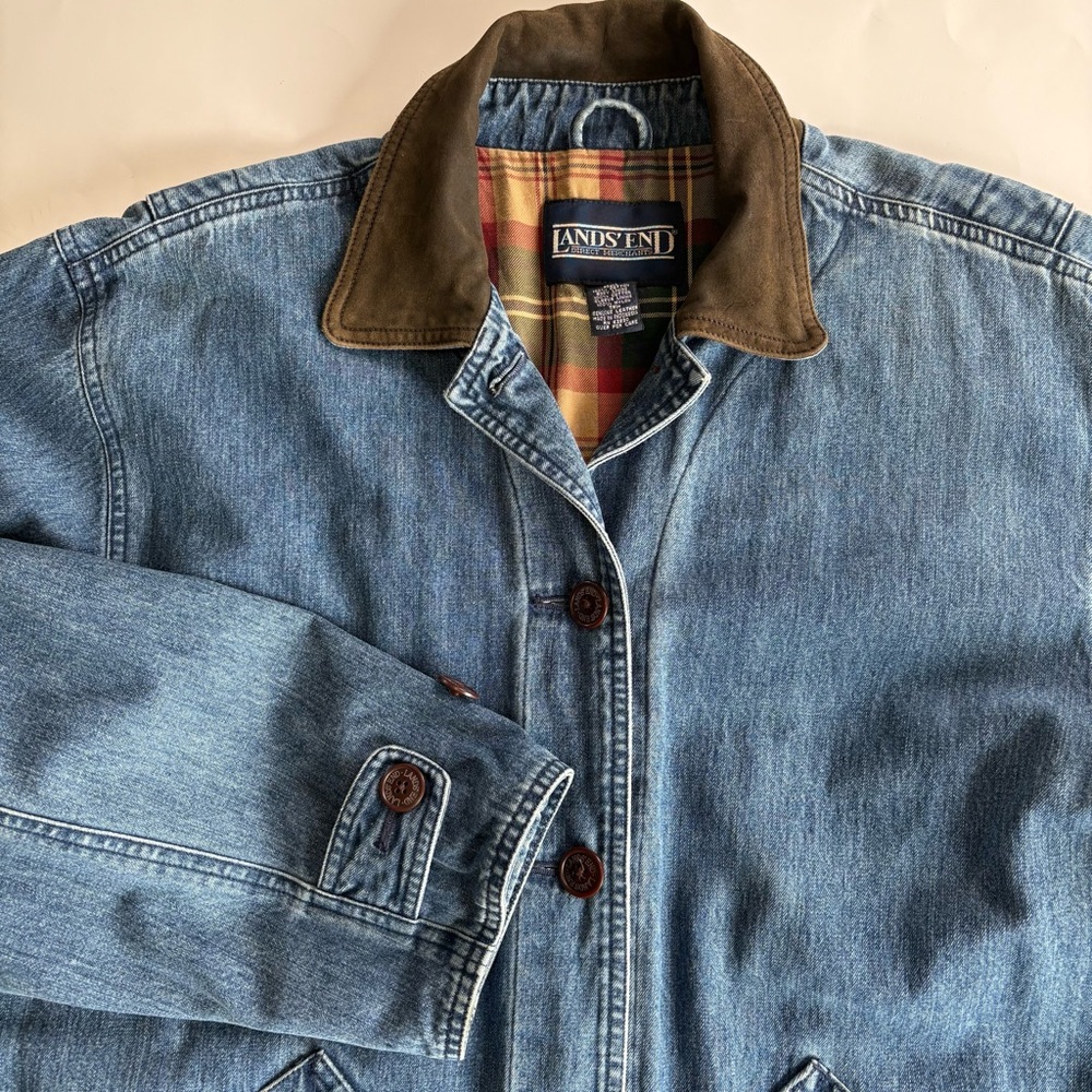 Vintage Lands End Denim Barn Chore Coat Jacket Women Medium Flannel Lined Jean - Picture 2 of 11